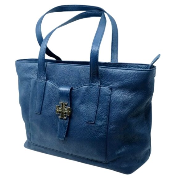 TORY BURCH~Meyer Plaque~BLUE PEBBLED LEATHER LARGE SHOULDER TOTE BAG - Picture 2 of 6